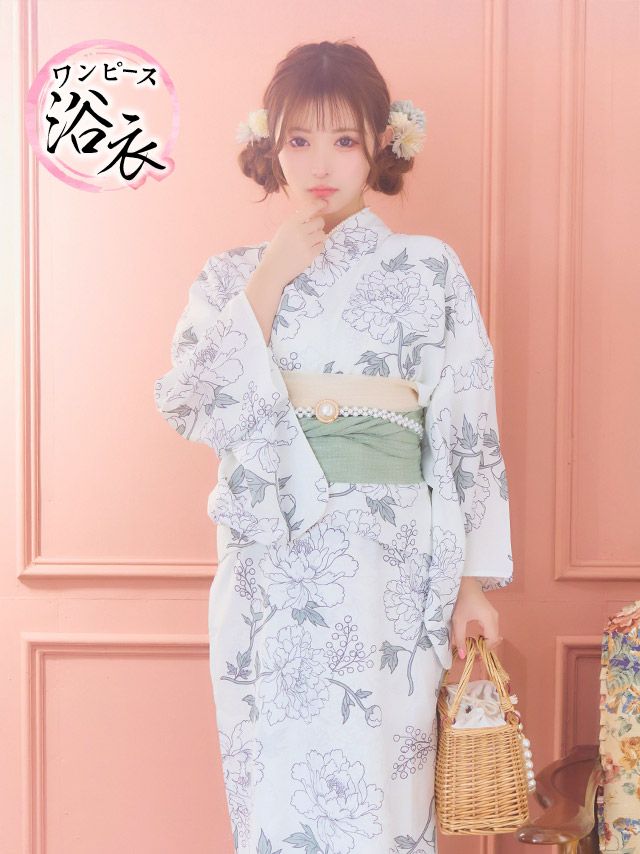 浴衣 ゆかた yukata スウィートクリーム×繊細フラワー ゆかた3点セット myMinette マイミネット ワンピース浴衣 SWEET クリーム地×牡丹 ゆかた3点セット