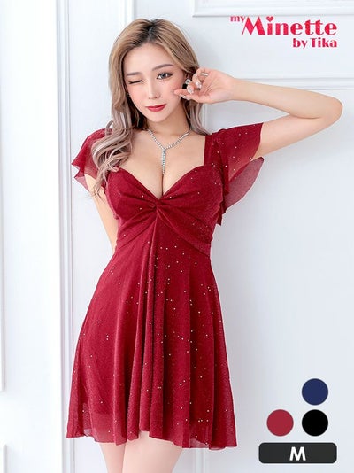 キャバドレス 安い 激安 ミニ丈 キャバクラ クラブ ラウンジ 半袖 ラメ フロント ギャザー入り シアー フリル袖 プチプラ フレア ミニ ドレス プチプラドレス