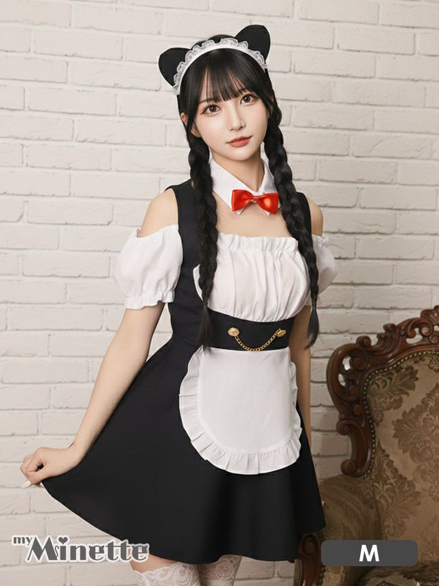 コスプレ 袖フリルセクシー肩出しプチプラミニ猫メイド [3点セット