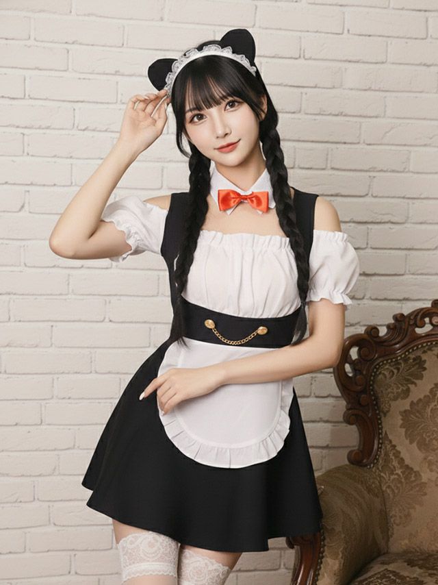 コスプレ 袖フリルセクシー肩出しプチプラミニ猫メイド [3点セット