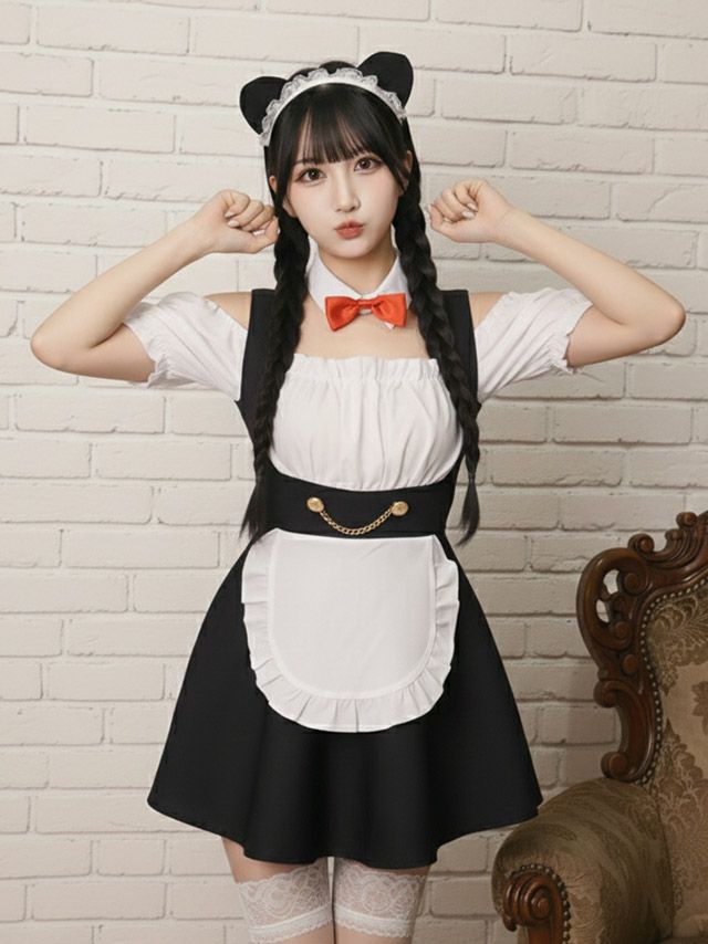 SALE] コスプレ 袖フリルセクシー肩出しプチプラミニ猫メイド [3点
