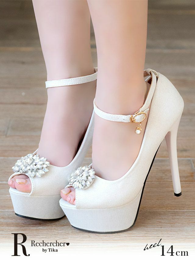 靴 キャバヒール キャバパンプス myMinette マイミネット アンクルストラップ付き ビジュー ハイヒール オープントゥ パンプス