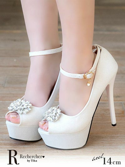 靴 キャバヒール キャバパンプス myMinette マイミネット アンクルストラップ付き ビジュー ハイヒール オープントゥ パンプス