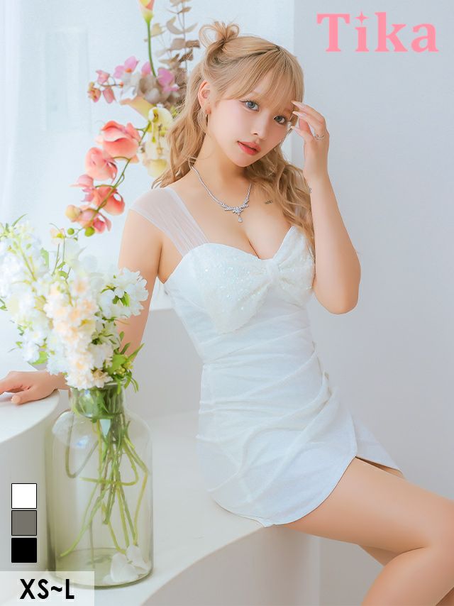 チュールキャミソールバストリボンラップタイトミニドレス (Sサイズ～L