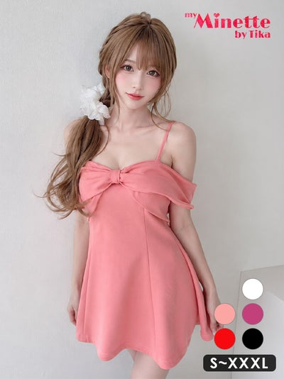キャバドレス 安い 激安 ミニ丈 キャバクラ クラブ ラウンジ ワンカラー キャミソール 肩あき バストリボン ガーリー フレア ミニ ドレス プチプラドレス