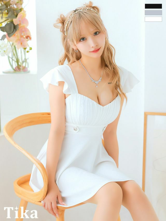 キャバドレス 安い 激安 ミニ丈 キャバクラ クラブ ラウンジ フリル袖 ノースリーブ ギャザー ハイウエスト切替 フレア ミニ ドレス プチプラドレス