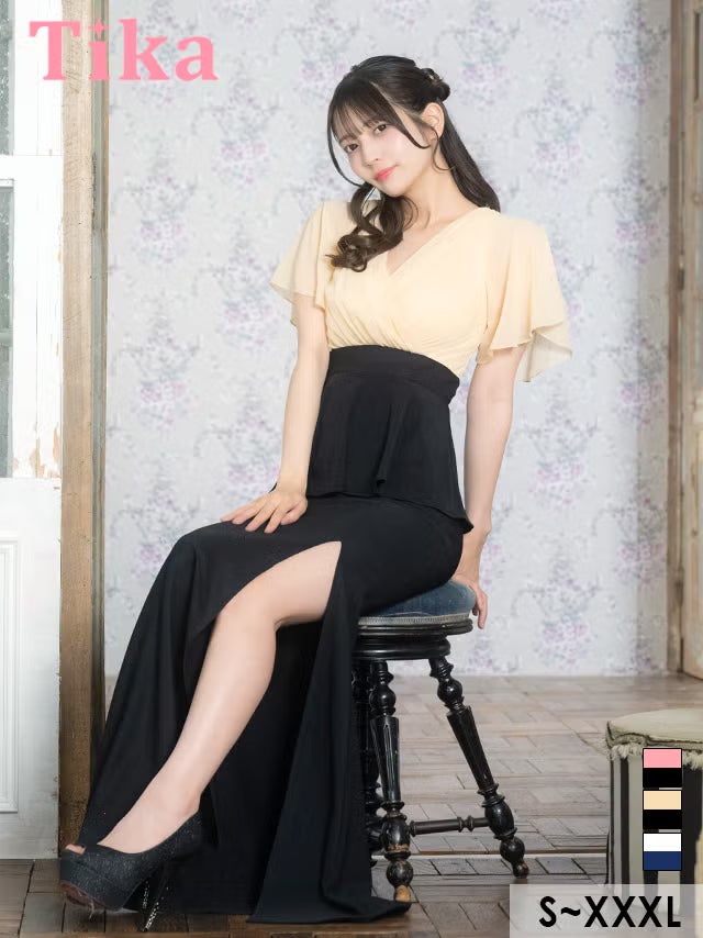 ロング丈 キャバクラ クラブ ラウンジ ロングドレス 袖あり 半袖 フレアスリーブ カシュクール 谷間 シフォン ペプラム バイカラー ストレッチ お腹カバー 下着のまま スリット 高身長 タイト 大きいサイズ XL XXL 4L ベージュ 黒 キャバドレス