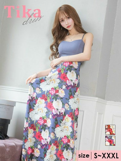 キャバドレス ロング丈 キャバクラ クラブ ラウンジ キャミソール Aライン フラワー プリント柄 ロングドレス