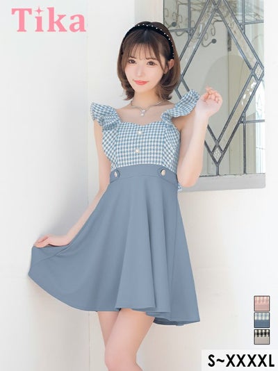 キャバドレス ミニ丈 キャバクラ クラブ ラウンジ ギンガムチェック柄 キャミソール フリル袖 ウエストベルト 切り替え フレアミニドレス