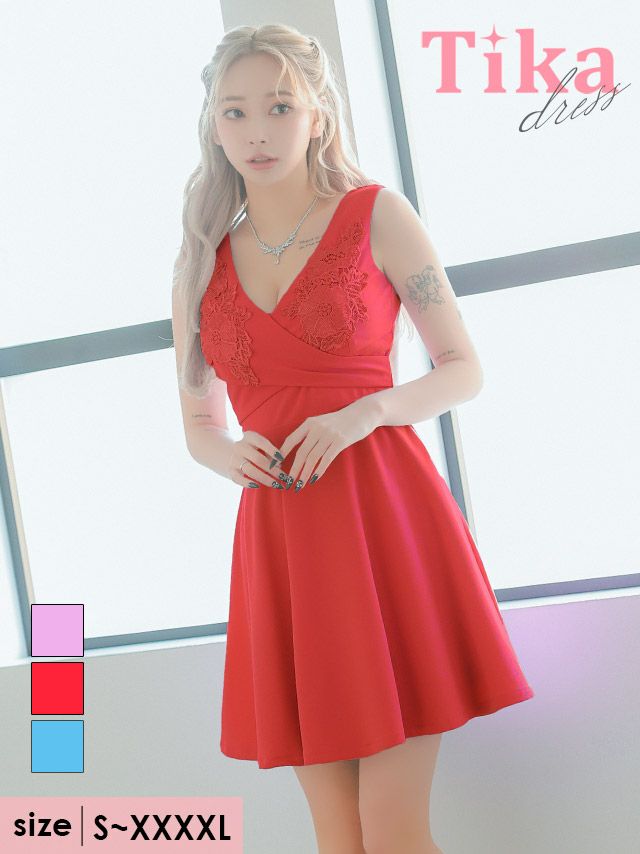 キャバドレス 安い 激安 ミニ丈 キャバクラ クラブ ラウンジ Vネック ノースリーブ フラワー 刺繍 ワンカラー フレアミニドレス プチプラドレス