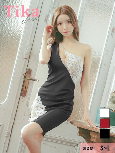 ワンショルダービジューカットアウトチュールヌーディースカラップレース切替タイトミニドレス (Sサイズ～Lサイズ) (一条響/キャバドレス着用)[Tika/ティカ]