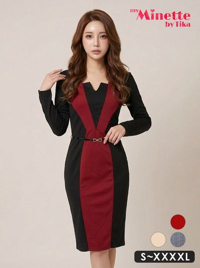 キャバドレス 安い 激安 ミニ丈 キャバクラ クラブ ラウンジ スクネアネック バイカラー シンプル ベルト付き タイト 長袖 プチプラ 膝丈ドレス プチプラドレス