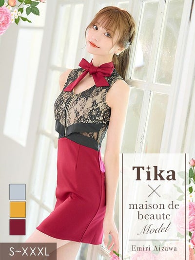 キャバドレス ミニ丈 キャバクラ クラブ ラウンジ ヌーディー フラワー レース ノースリーブ ネックリボン フロント ジップ くびれ 切替 タイトミニドレス