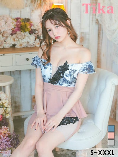 キャバドレス ミニ丈 キャバクラ クラブ ラウンジ バストシースルー オフショルダー フラワー刺繍レース ペプラム 谷間魅せ タイトミニドレス