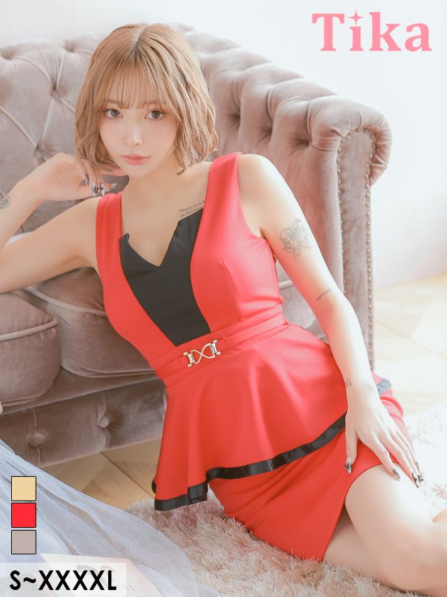 キャバドレス ミニ丈 キャバクラ クラブ ラウンジ Vカット ネック ノースリーブ バイカラー ウエストベルト 付き ペプラム タイトミニドレス