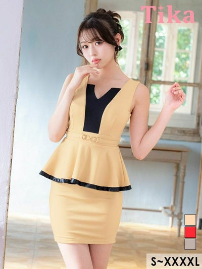キャバドレス ミニ丈 キャバクラ クラブ ラウンジ タイト ミニドレス 大きいサイズ シンプル 大人 上品 ノースリーブ バイカラー Vカットネック ウエストベルト ペプラム ブラジャーのまま キャバドレス