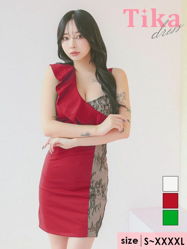 キャバドレス ミニ丈 キャバクラ クラブ ラウンジ サイド ヌーディーカラー×ブラックレース 切り替え アシメ ワンショルダー風 フリル袖 ウエストベルト付き タイトミニドレス