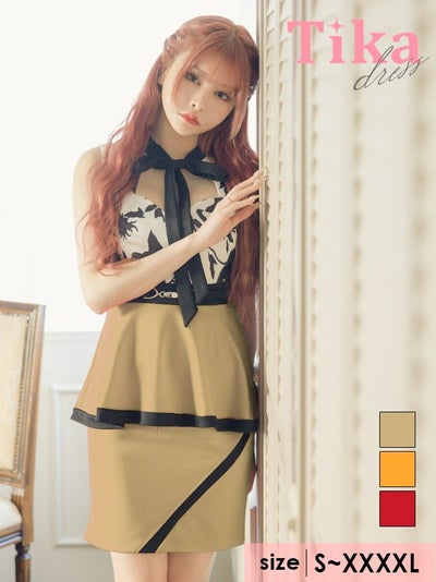 キャバドレス ミニ丈 キャバクラ クラブ ラウンジ フラワー プリント ネックリボン ハートカット ウエスト 切替 パイピング ペプラム ノースリーブ タイトミニドレス