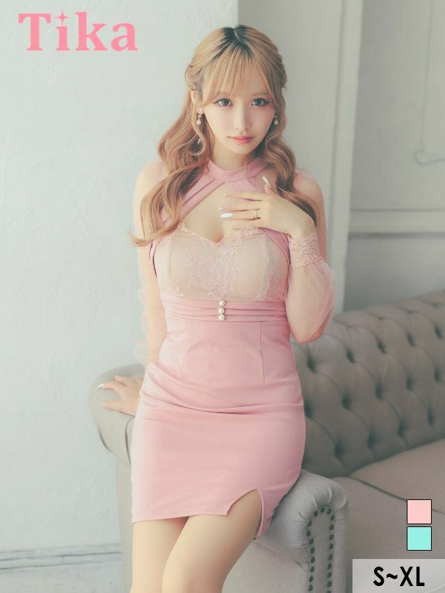 キャバドレス ミニ丈 キャバクラ クラブ ラウンジ シアー 長袖 バストカット レース 切り替え サイドスリット タイトミニドレス