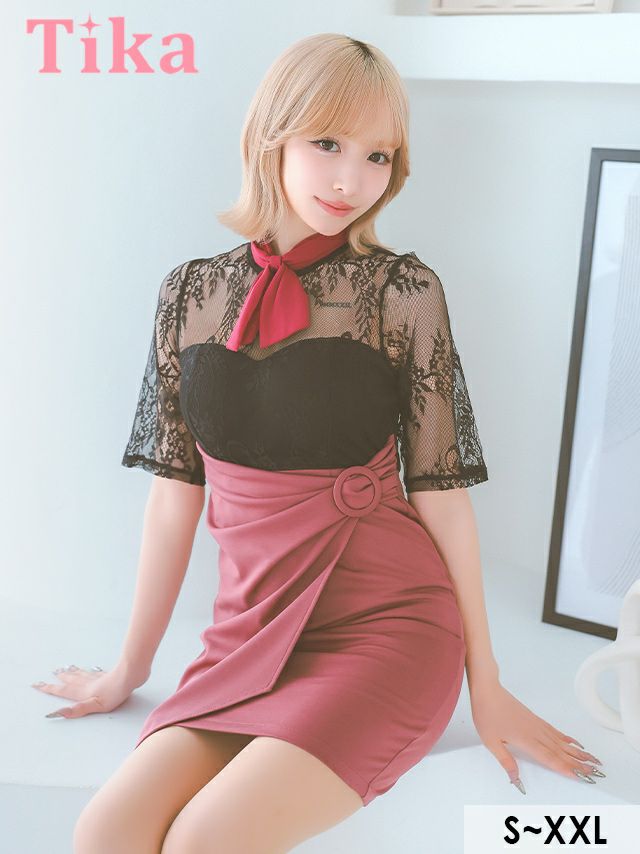 キャバドレス ミニ丈 キャバクラ クラブ ラウンジ ハイネック シアーフラワー リングベルト ネックリボン 袖あり ブローチ付き タイトミニドレス