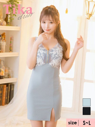 キャバドレス ミニ丈 キャバクラ クラブ ラウンジ ノースリーブ シアー 刺繍 バスト ジップ 切り替え ストレッチ スリット タイトミニドレス