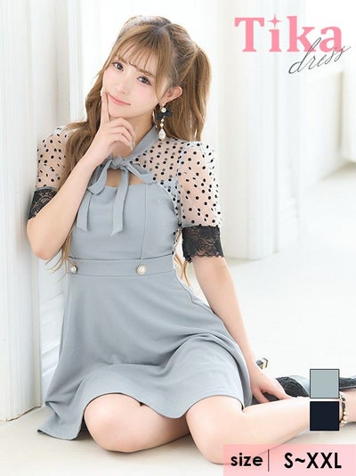 キャバドレス ミニ丈 キャバクラ クラブ ラウンジ シアー ドット 半袖 ネックリボン フレアミニドレス