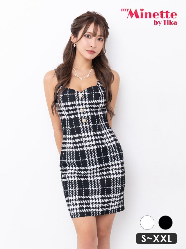 キャバドレス 安い 激安 ミニ丈 キャバクラ クラブ ラウンジ パールボタン チェック柄 キャミソール タイト ミニドレス プチプラドレス
