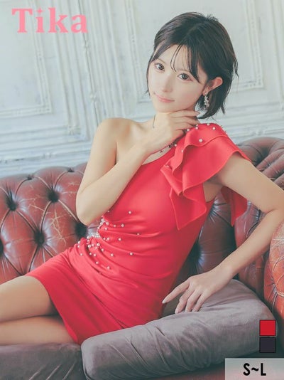 キャバドレス ミニ丈 キャバクラ クラブ ラウンジ タイト ミニドレス シンプル 大人 ストレッチ ワンショルダー ゴージャスフリル パール キャバドレス