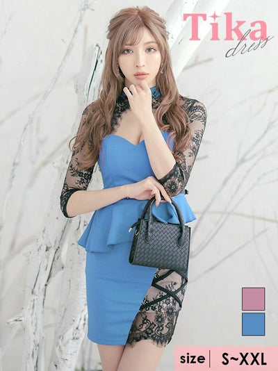 キャバドレス ミニ丈 キャバクラ クラブ ラウンジ 谷間　カット　ヌーディー　レース　サイドクロスデザイン　袖あり　ペプラム　タイト　ミニドレス