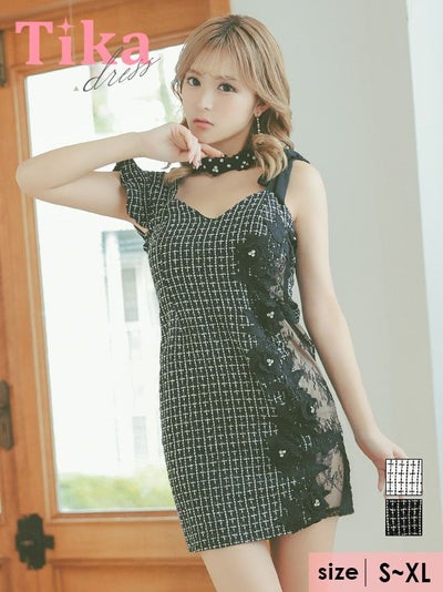 キャバドレス ミニ丈 キャバクラ クラブ ラウンジ チョーカー付き ツイード ワンショルダー サイド ヌーディー 刺繍 切り替え タイトミニドレス