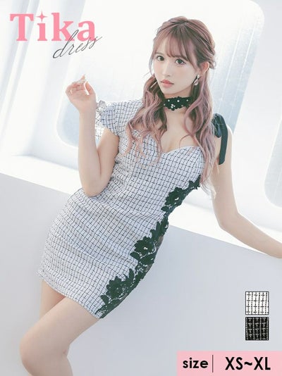 キャバドレス ミニ丈 キャバクラ クラブ ラウンジ サイド ヌーディー フラワー レース 切替 ワンショルダー ツイード タイトミニドレス