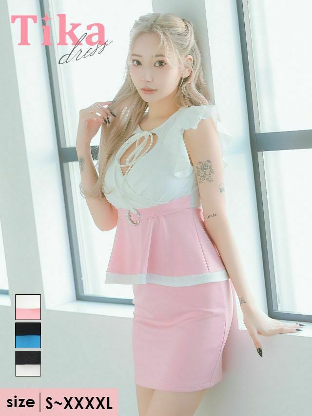 キャバドレス ミニ丈 キャバクラ クラブ ラウンジ カシュクール　ネックリボン　ノースリーブ　フリル　ペプラム　ウエストベルト　切り替え　バイカラー　タイト　ミニドレス