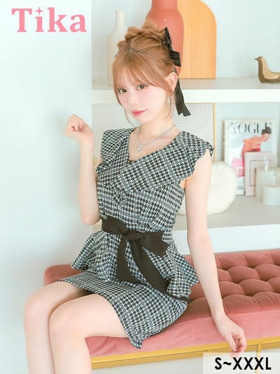 キャバドレス ミニ丈 キャバクラ クラブ ラウンジ タイトミニドレス 大きいサイズ 大人 ノースリーブ 上品 ストレッチ 千鳥柄 ペプラム ウエストリボン ブラのまま 胸元フリル