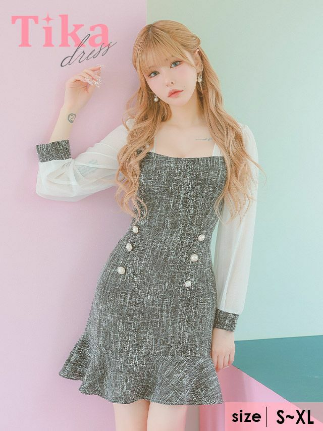 キャバドレス ミニ丈 キャバクラ クラブ ラウンジ シアー 長袖 切り替え ツイード ミックス ダブルボタン 裾フリル タイト ミニドレス