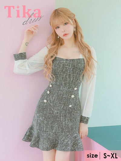 キャバドレス ミニ丈 キャバクラ クラブ ラウンジ シアー 長袖 切り替え ツイード ミックス ダブルボタン 裾フリル タイト ミニドレス