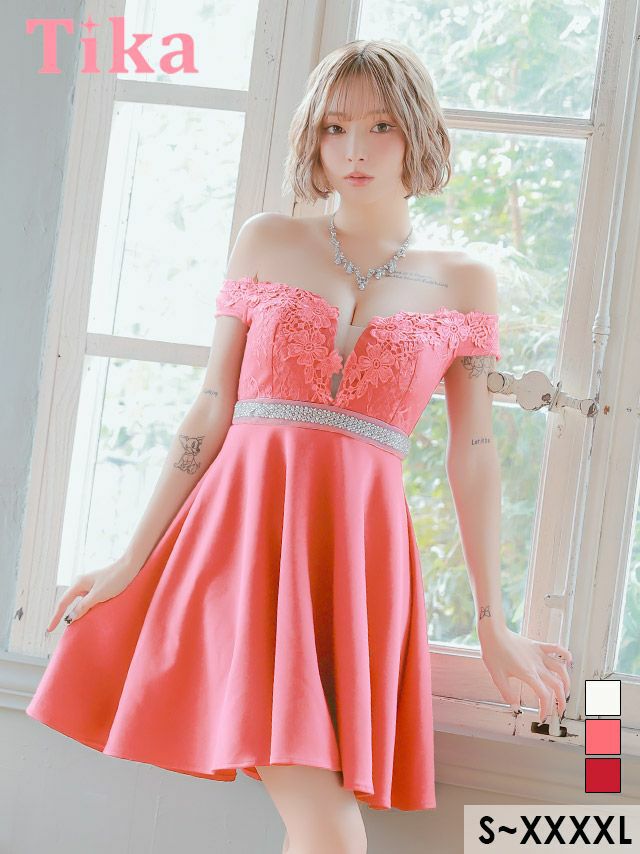 キャバドレス ミニ丈 キャバクラ クラブ ラウンジ フラワー刺繍 バストシアー オフショルダー ウエストビジュー フレアミニドレス