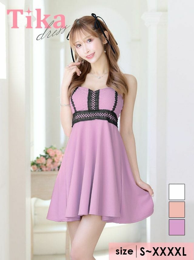 キャバドレス ミニ丈 キャバクラ クラブ ラウンジ キャミソール ブラック 刺繍レース 切替 フレアミニドレス