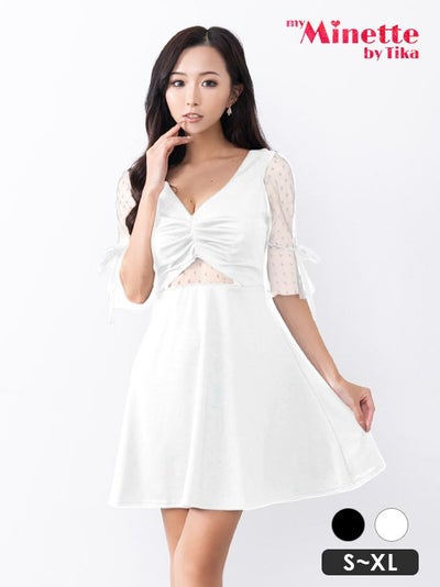 キャバドレス 安い 激安 ミニ丈 キャバクラ クラブ ラウンジ シースルー リボン ドット袖 ウエストカット フレア ミニドレス プチプラドレス