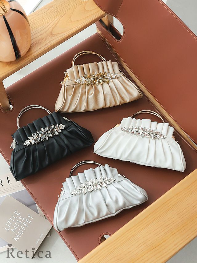 myMinette マイミネット フラワーモチーフ カットビジュー プリーツ がま口 2way クラッチ ミニ パーティーバッグ