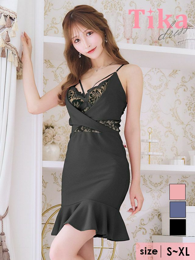 キャバドレス ミニ丈 キャバクラ クラブ ラウンジ バストレース × ストリングデザイン くびれ ラインフリル タイトミニドレス