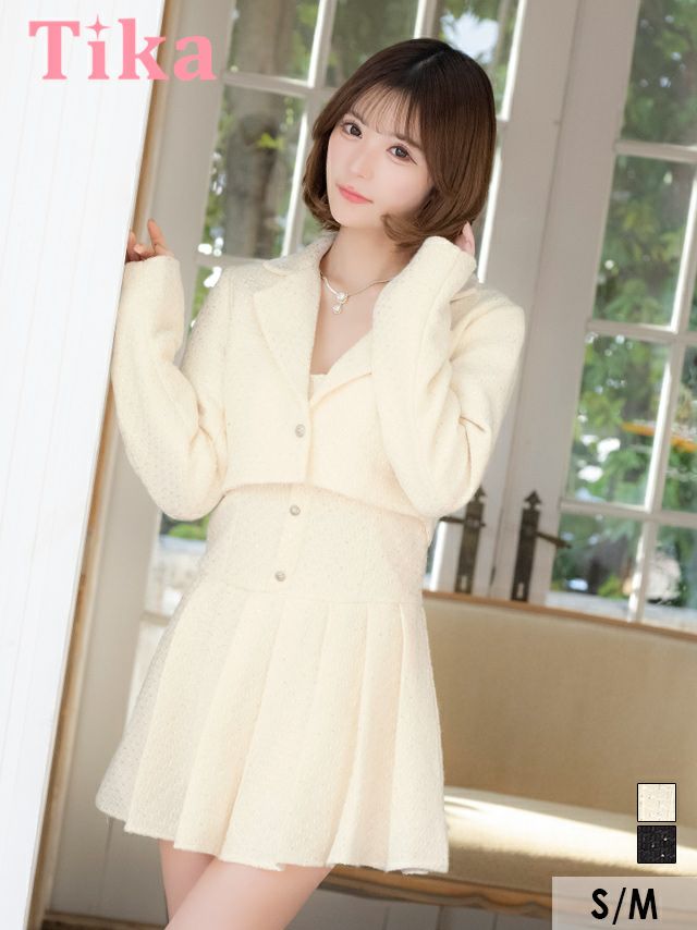 キャバドレス ミニ丈 キャバクラ クラブ ラウンジ ショート丈テーラードジャケット×ベアプリーツフレアミニワンピースツイードセットアップスーツ