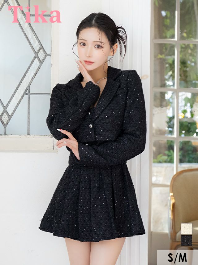 キャバドレス ミニ丈 キャバクラ クラブ ラウンジ ショートテーラードジャケット×フロントボタンプリーツフレアミニワンピースツイードセットアップスーツ