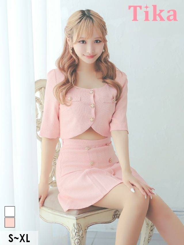 キャバドレス ミニ丈 キャバクラ クラブ ラウンジ 袖ありビジューボタンワンカラーツイードセットアッププリーツフレアミニドレス