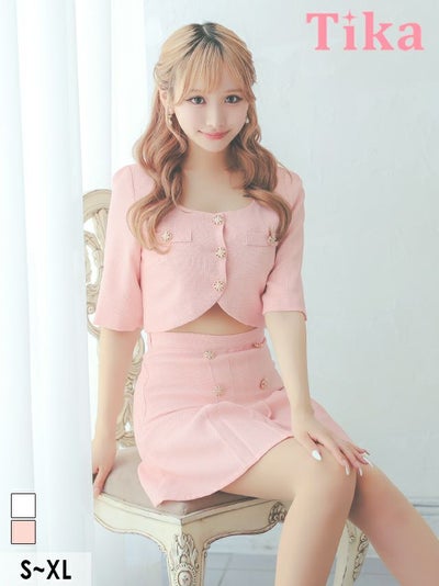 キャバドレス ミニ丈 キャバクラ クラブ ラウンジ 袖ありビジューボタンワンカラーツイードセットアッププリーツフレアミニドレス