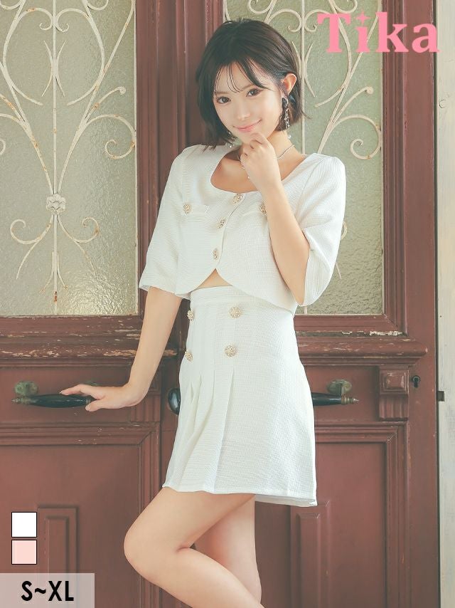 キャバドレス ミニ丈 キャバクラ クラブ ラウンジ 袖ありショートトップスツイードセットアッププリーツダブルボタンフレアミニドレス