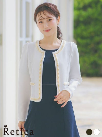 myMinette マイミネット ノーカラー ワッフル パール 縁取り ボレロ ジャケット