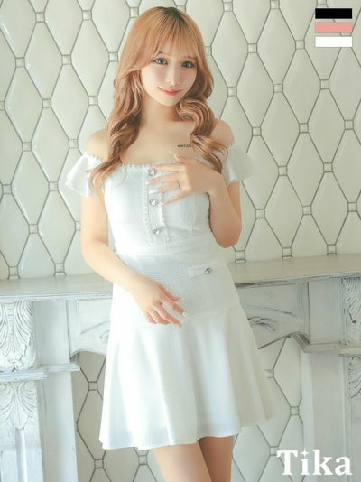 キャバドレス ミニ丈 キャバクラ クラブ ラウンジ ワンカラー オフショルダー フリル袖 刺繍ボタン フレアミニドレス