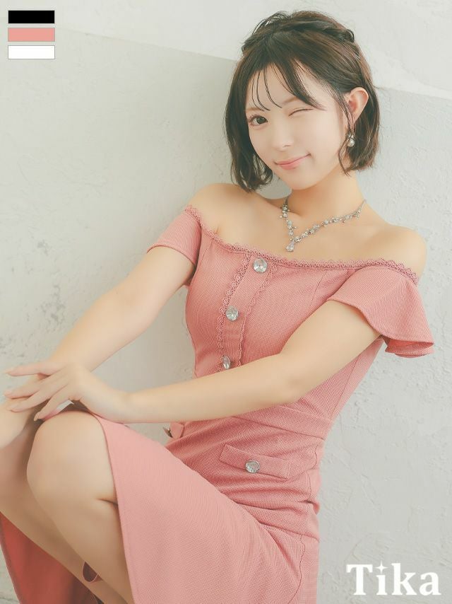 キャバドレス ミニ丈 キャバクラ クラブ ラウンジ オフショルダー フリル袖 ビジュー ボタン 刺繍ライン フレアミニドレス