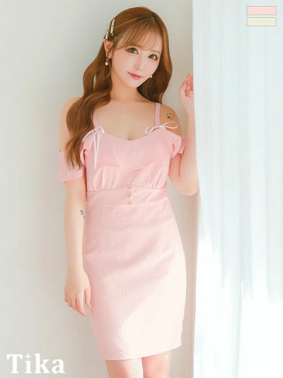 キャバドレス ミニ丈 キャバクラ クラブ ラウンジ リボンブローチ付き 肩あき 胸元フリル ウエストパール ボタン タイトミニドレス