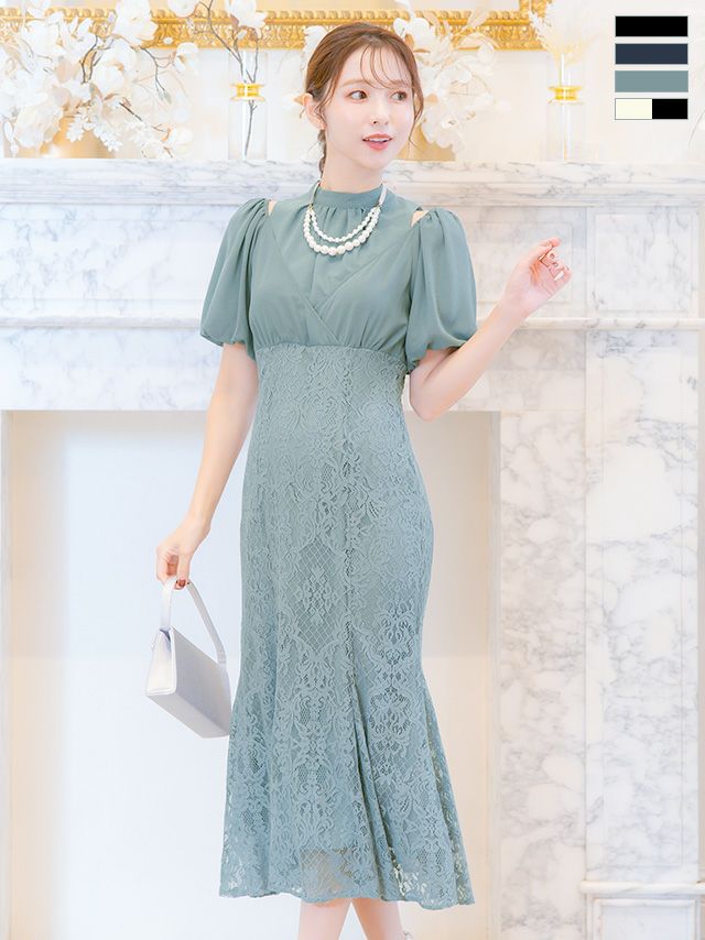 セレモニースーツ レディース パンツスーツ 入学式 入園式 ママ 卒業式 卒園式 フォーマル myMinette マイミネット パフスリーブレース切替マーメイドロングスカート結婚式パーティードレス
